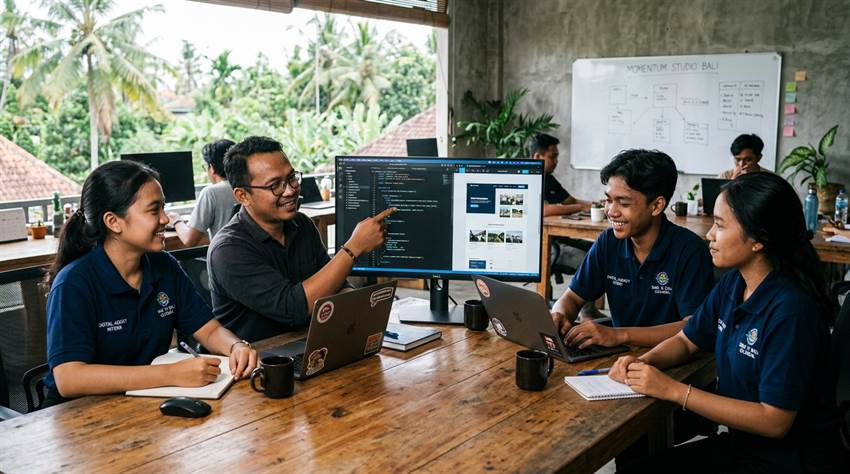 Setup meja kerja produktif mahasiswa dan profesional remote dengan monitor laptop dan aksesori modern