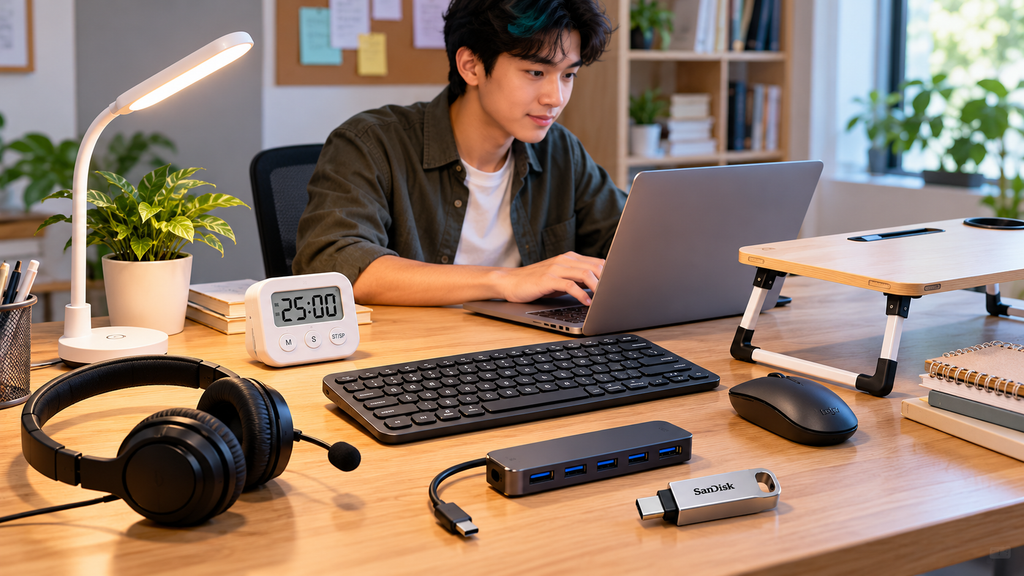Mahasiswa menggunakan laptop dengan berbagai gadget produktivitas murah seperti mouse wireless, keyboard, lampu LED, headset, dan timer digital untuk belajar