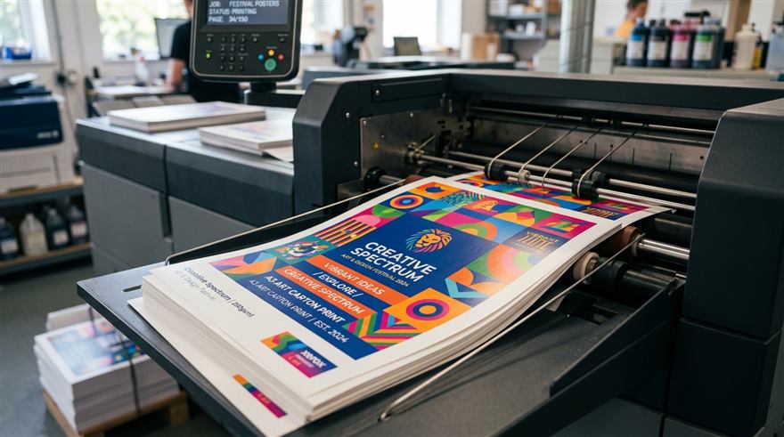 Proses cetak poster A3 menggunakan kertas art carton pada mesin digital printing modern